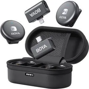 BOYA Omic Wireless Microphone for iPhone/Android with MFi Certified Lightning/USB-C Plug, Noise Reduction, 164ft 30H Battery Life with Charging Case, iPhone Microphone for Video Recording-Black