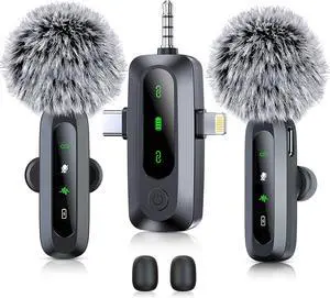 3 in 1 Wireless Lavalier Microphone for iPhone, iPad, Android, Camera, 2 Pack Professional Mini Microphone LED Display Clip on Mic with Noise Reduction for Video Recording TikTok YouTube Vlog
