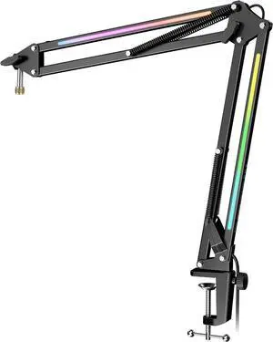 FIFINE Microphone Boom Arm, Metal Mic Arm Stand with RGB Control, 3/8 to 5/8 Screw Adapter, Desk Mount Clamp, Suspension Scissor Microphone Stand for Gaming Streaming-AmpliGame BM38 Black