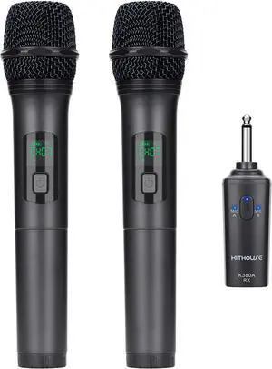 K380A Wireless Microphones - Dual UHF Handheld Cordless Mics with Rechargeable Bluetooth Receiver - Karaoke/Speech/Church (Elegant Black)