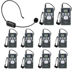 Church Translation System with 1 TR503 FM Transmitter Headset and 10 PR13 FM Radio Receivers, Listening System for Factory Museum School Church (1 Transmitter 10 Receivers)