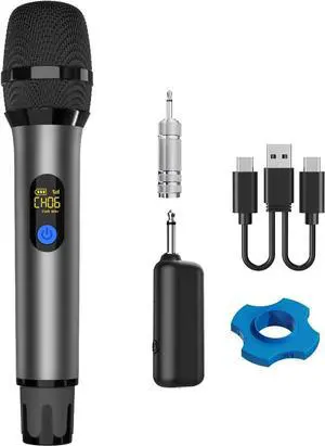 All Metal Shell UHF Wireless Microphone Professional, Handheld Cordless Dynamic Mic System with Rechargeable Receiver, Karaoke Microphone for DJ, Singing, Wedding, Party, Speech, PA