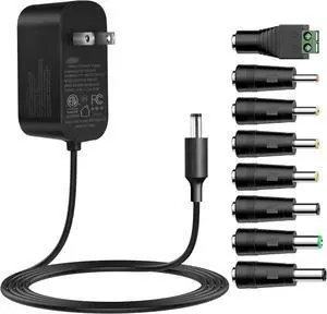 Tonton 12V 2A 6Ft Power Supply Adapter, 24W Universal Charger AC 100-240V with 8Tips to 12Volt DC Plug 2A 1.8A 1.5A 1.2A 1A 0.5A UL/CE/FCC Certified for LED, Router, Security Camera, Keyboard, Scanner