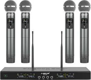Phenyx Pro Wireless Microphone System, Metal Wireless Mic Set with 4 Cordless Mics, 4x25 UHF Adjustable Frequencies, 200ft Range, Dynamic Microphones for Singing, Karaoke, Church, DJ (PTU-5200-4H)