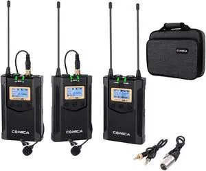 Wireless Lavalier Microphone, with Carrying Bag,Comica CVM-WM100 PLUS UHF 48 Channels Dual Lapel Microphone System for DSLR Cameras, XLR Camcorder, Phone, Lav Mic for Interview Youtube Video Shotting