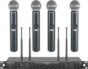 Phenyx Pro Wireless Microphone System, Quad Channel Wireless Mic, w/ 4x40 UHF Frequencies, Auto Scan, 328ft Long Range, 4 Handheld Dynamic Microphone for Singing, Church, Karaoke (PTU-7000-4H)