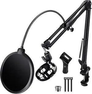 BILIONE Microphone Stand, Mic Boom Arm Stand for Blue Yeti QuadCast S SoloCast Snowball AM8 and other Mics, with Pop Filter Shock Mount Microphone Clip Cable Ties