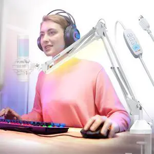 Boom Arm Micophone, Mic Arm Desk Mount Foldable Built-in Reading Light with 3/8'' to 5/8'' Screw Adapter Adjustable Mic Stand for Podcasting Gaming Recording - White