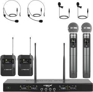 Phenyx Pro Wireless Microphone System, 4-Channel Wireless Mic Set with Handheld/Bodypack/Headset/Lapel Mics, Cordless Microphone for Singing, Karaoke, Church (PTU-5200-2H2B)