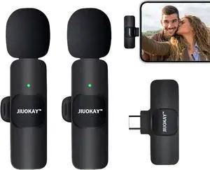 2 Pack Wireless lavalier Microphone for Samsung Galaxy Tab Phones, iPhone Microphone for Video Recording Interview Podcast Vlog Zoom Facebook TikTok (Black-Android)