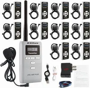 EXMAX® ATG-100T 195MHz Wireless Tour Guide System Microphone for Language Interpretation Church Class Traning Translation Conference Interpretation Travel Trip (1 Transmitter 10 Receivers)