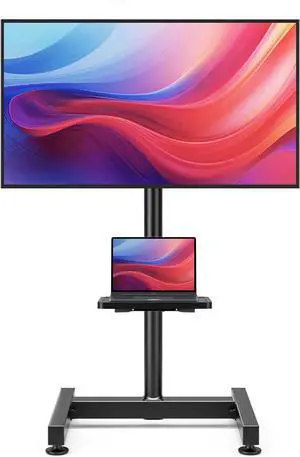 Floor TV Stand with Mount for 13-50 inch Screens, Tilting and Height Adjustable Floor Monitor Stand Mount, Portrait to Landscape, Portable TV Stand with Shelf Holds up to 77lbs Max VESA 200x200mm