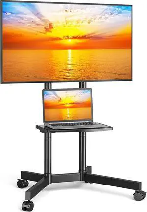 YOMT Portable Rolling TV Stand for 32-75 inch TVs, Height Adjustable Mobile TV Cart with Locking Casters, Heavy Duty Universal TV Stand On Wheels with Removable Shelf for Living Room, Bedroom, Office