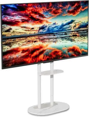 unho White Floor TV Stand with Shelf for 45-75 inch Flat LCD LED Screen TVs,Sintered Stone TV Stands Height Adjustable Heavy Base Standing TV Mount VESA 600x400 for Restroom Meeting Bedroom