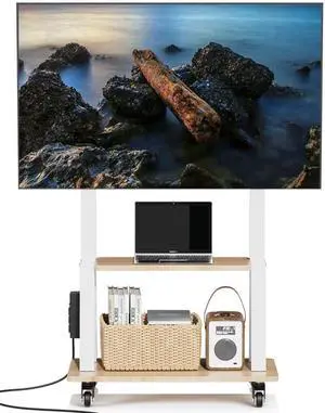 Mobile TV Stand with Power Outlet, Wood Shelf Portable TV Stand on Wheels for 32 to 55 65 70 75 inch Television, Height Adjustable White TV Cart, Holds up to 130LBS, Vesa 600×400mm.