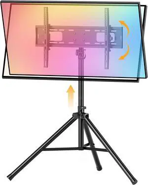 Portable Tripod TV Stand for 25 to 65, 70-inch Television with ±15°Tilt, 5 Pillar Height, Dual Safety Pins, Tall Tvstand Maxi Load 110 lbs, for Bedroom, Living Room and Outdoors, Black