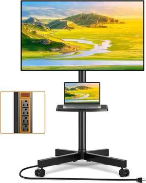 TVON Mobile TV Stand with Power Outlet, Tilt Rolling TV Cart for 23-60 Inch LCD LED OLED Flat Curved Screen TVs up to 88 lbs, Height Adjustment Portable TV Stand on Wheels, Max VESA 400x400mm