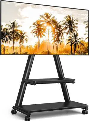 TVON Rolling TV Stand for 43-80" TVs up to 150lbs, Portable Stand on Wheels with Enhanced Triangular Design, Height Adjustable Mobile Cart with Swivel/Tilt/Dual Shelves for Indoor/Outdoor Use