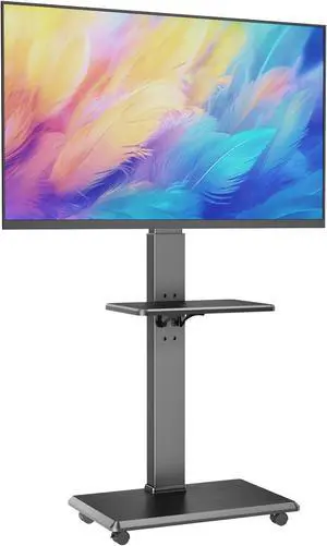 Rolling TV Stand, Mobile TV Cart for 32-75 Inch TVs up to 110 lbs, 18 Adjustable Heights, TV Floor Stand with Swivel Mount & Shelf, Max VESA 600x400mm, TV Stand on Wheels for Bedroom, Office, Outdoor