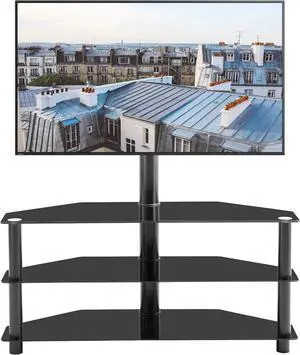 3 Tier Swivel Floor TV Stand, Height Adjustable Bracket Entertainment Stand for 32" to 65" Plasma LCD LED Flat or Curved Screen Multi-Function TV Stand, BlackTempered Glass Television Stands
