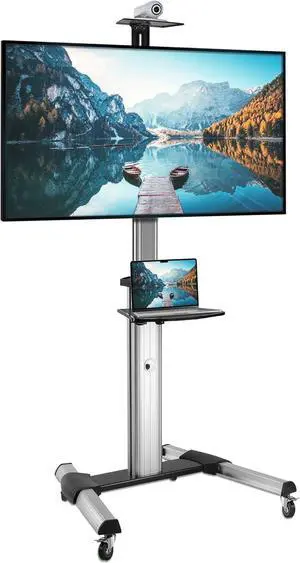 Mount-It! Mobile TV Stand for Flat Screen Televisions, Height Adjustable Rolling TV Cart for 32, 40, 50, 55, 60, 65 and 70 Inch Screens, 110 Pound Capacity