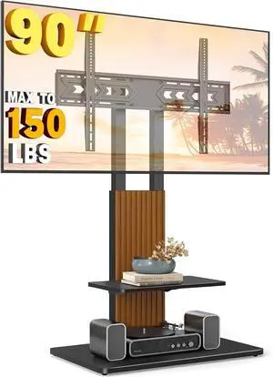 TVON Heavy Duty Floor TV Stand for 55-90 inch Large TVs up to 150 lbs, Tall TV Stand with Height Adjustable Mount, Universal TV Mount Stand with Large Storage Shelf and Wooden Base, Black and Walnut