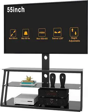TV Stand with Mount Height Adjustable Bracket Entertainment Stand for 32 to 65 inch Plasma LCD LED or Curved Screen TV 3-Tier Tempered Glass Universal Media Stand Floor tv Stand IANIYA