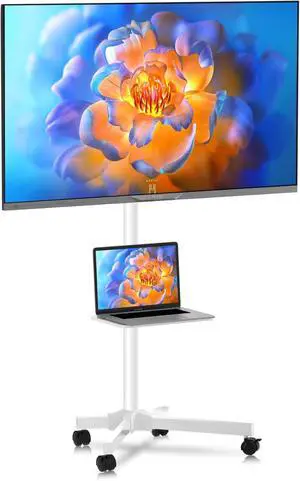 Mobile TV Carts on Wheels for 21-60 Inch Flat/Curved Panel Screens TVs - Height Adjustable Floor Trolley Stand with Shelf Holds up to 77lbs - Max VESA 400x400mm, White