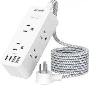 Power Strip Surge Protector, BESHON 5Ft Extension Cord, 6 Outlets with 4 USB Ports (2 USB C Outlet), 3-Side Outlet Extender, Wall Mount, Compact for Travel, Home, School, College Dorm Room and Office