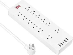 Power Strip, HITRENDS Surge Protector with 12 Outlets and 4 USB Ports (5V/2.4A) & 1 USB-C Port (5V/3A), 1875W/15A, Flat Plug, Spaced Outlets with 6ft Extension Cord for Home Office
