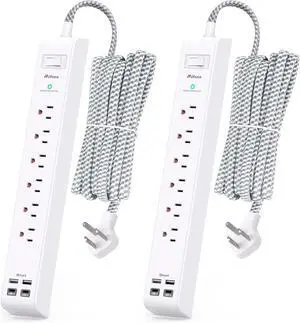 2 Pack Extension Cord 10ft Power Strip - Surge Protector with 6 Outlets 4 USB Charging Ports, Flat Plug, Overload Protection, Wall Mount for Home Office, Dorm Room Essentials