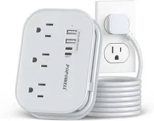 Flat Plug Power Strip- USB Travel Power Strip, 3 Outlets and 4 USB Ports(2 USBC) Desktop Charging Station, 5 Ft Wrapped Extension Cord, Non-Surge Protector for Cruise Essentials, Travel, Home, Dorm.