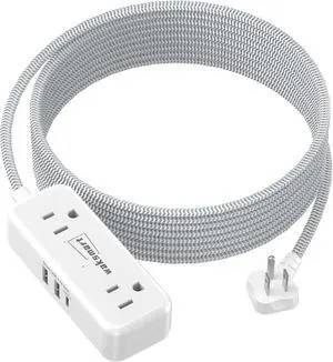 Flat Plug Extension Cord 20 FT with 4 AC Outlets 3 USB Ports (5V/3.4A 17W), 20Ft Long Braided Cord for Home Office College Dorm
