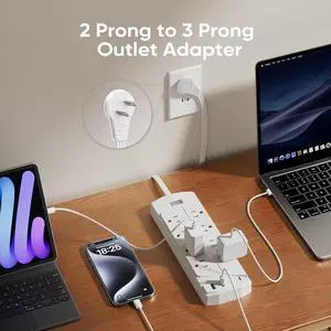 2 Prong Power Strip, Yozisital 2 Prong to 3 Prong Outlet Adapter, 5FT Extension Cord with Polarized Plug, 1200J Surge Protector, 8 AC Outlets & 4 USB, Wall Mountable, Ideal for Non-Grounded Outlets
