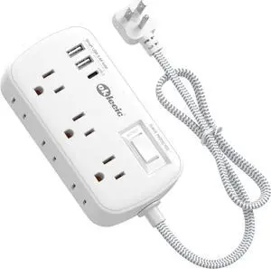 Short Extension Cord 2 Foot - Flat Plug Small Power Strip Surge Protetor with 6 Outlets 3 USB (5V/3.4A 17W) Charging Ports, Multi Plug Wall Outlet Splitter for Home Office Dorm Roomc, White