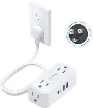 TROND 360° Rotating Flat Plug Power Strip, 5FT Extension Cord with 4 USB Ports, 4 Wide Spaced AC Outlets, Wall Mount, 900J Surge Protector for Office Travel Dorm Room Essentials, White