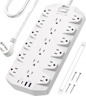 Power Strip Surge Protector, SUPERDANNY 18 Outlets with 2 USB C + 2 USB A Ports, 1875W/15A, 2100J, 6.5FT Flat Plug Heavy Duty Extension Cord with Multiple Outlets for Home, Office, Dorm, White
