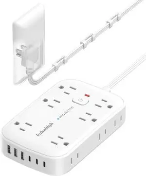 Flat Extension Cord with Outlet Cover & Multi USB- 5 FT, 1625W 3 Prong Extension Cord with 12AC Outlet 6 USB (24W/4.8A), Multi Ports Charging Station for Behind Wall Furniture Couch Sofa TV