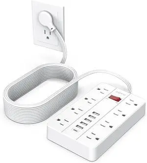 15ft Extension Cord Long Power Strip,AOFO 8 Widely-Spaced Outlets & 6 USB Ports Flat Plug Power Strip,Power Cord for Wall Mountable and Desktop White