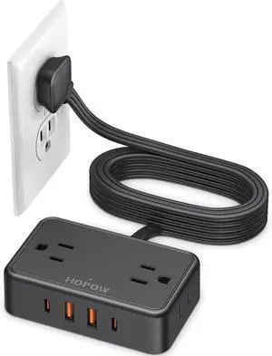 Flat Plug Extension Cord, 6 Ft Ultra Thin Power Strip, 4 AC Wide Spaced outlets and 4 USB (2 USB-C) Ports, No Surge Protector for Cruise Ship, Travel, Dorm Room Essentials (Black)