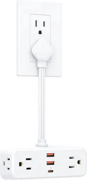 Short Extension Cord 6 Inch, Flat Plug Small Power Strip with 4 AC & 3 USB(1 USB-C), 1875W/15A, 1700J Surge Protector, Multi Plug Outlet Extender for Home Office Travel, White