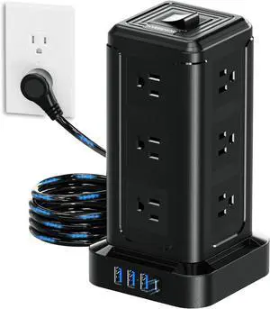 NVEESHOX Surge Protector Power Strip Tower, 10 FT Flat Plug Extension Cord with 12 AC Outlets 4 USB Ports(20W PD Type C), Charging Station with Surge Protection for Family, Office, Dorm