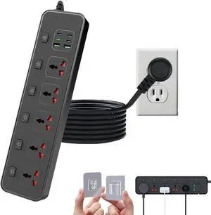 Flat Plug Power Strip with Individual Swtich, Jumpso 6ft Universal Extension Cord with 5 Outlets and 2 USB 4 USB C Ports, Max 3000w, 110-240v, Multiple Outlets Plug Adapter for Office Travel
