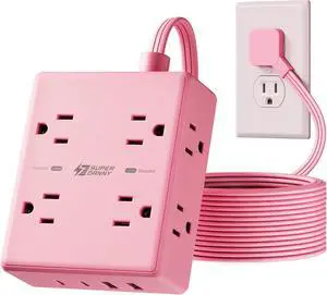 Pink Extension Cord 10Ft, Flat Plug Surge Protector Power Strip, 8 Outlets & 4 USB Ports (2 USB C), Cute Stuff Pink Room Decor, Home Office Kawaii Desk Accessories for Girls