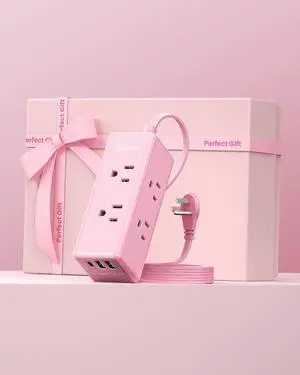 Pink Power Strip,HONIZER 1080J Surge Protector Power Strip with 6ft Pink Extension Cord,6 Outlets & 3 USB Ports (1 USB-C), Cute,Wall Mount for Home Office Dorm Desk Accessories, Blush Boost