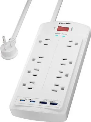 8-Outlet Surge Protector Power Strip, POWSAF 5Ft Flat Plug Extension Cord with 2 USB-C (PD 20W) Fast Charging Ports and 2 USB-A Ports for Home, Office, 2700 Joules, ETL, White