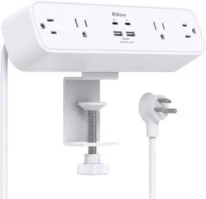 PD30W Desk Clamp Power Strip, Desktop Mount Surge Protector, Fast Charging Station, 5Ft Extension Cord Desk Edge Mount Shelf with 4 Outlets 4 USB Ports (2 USB C), Home Office Accessories Essentials