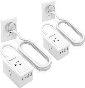 2 Pack Power Strip Surge Protector-3 Widely Spaced Outlets 4 USB Ports(2 USB C Port,PD 20W),1250W/10A with 5Ft Extension Cord, Power Strips with Surge Protection, Wall Mount for Home Office,White.