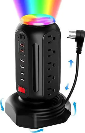 Power Strip Tower 15 Outlets 6 USB Ports, Surge Protector with Colorful Led Light & USB Fast Charge,Desktop Charging Station with 6.5ft Heavy Duty Extension Cord for Home Office(Black)