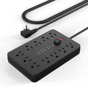 1JouleLoom Power Strip Surge Protector with 11 Outlets, 4 USB and 2 USB C Ports, 5 Ft Extension Cord, Flat Plug, Wall Mount, Overload Protection Desk USB Charging Station for Home, OfficeBlack